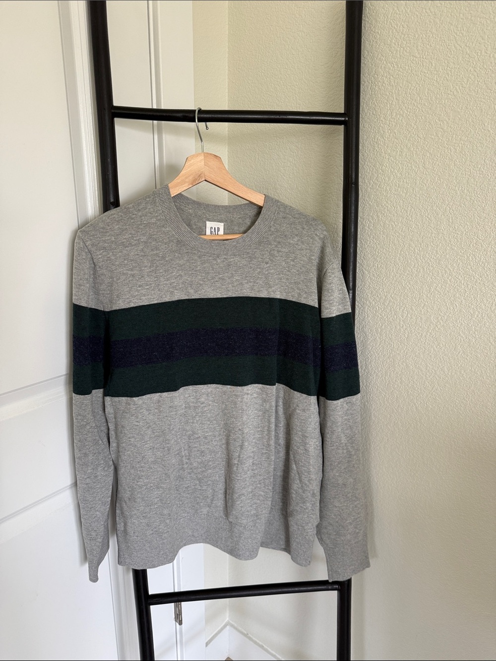 GAP Gray Crewneck Sweater with Dark Green and Navy Stripes